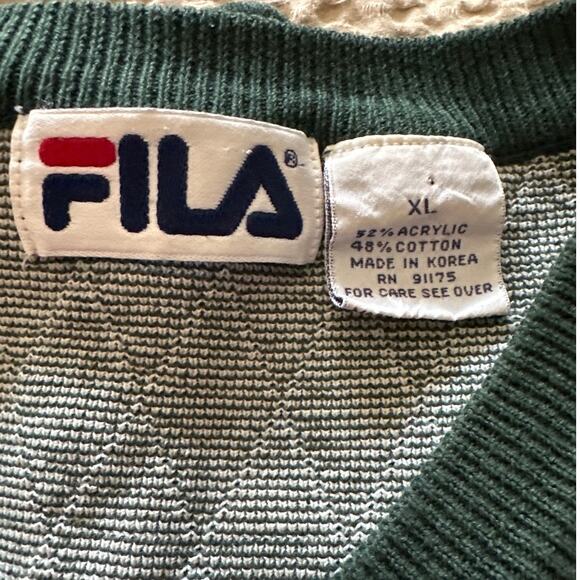 Vintage Fila Argyle Sweater Mens XL Green White V Neck Knit Pullover - Picture 2 of 9